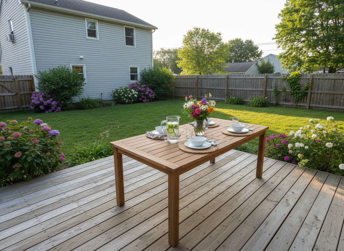 A sunlit backyard scene in photographic realism, focusing on a simple wooden deck with visible grain, knots, and slight weathering, extending from the back of a modest home. At the center, a rectangular outdoor dining table made of natural teak holds a pitcher of infused water, simple dinnerware, and a small vase of freshly cut garden flowers. A neatly trimmed lawn, flowering shrubs, and a wooden fence frame the space. Late afternoon light creates a warm, golden atmosphere, with long, soft shadows stretching across the deck. Captured from a slightly elevated angle that shows both table and yard, the scene feels family-friendly, relaxed, and approachable, ideal for showcasing outdoor living ideas for homeowners and renters alike.