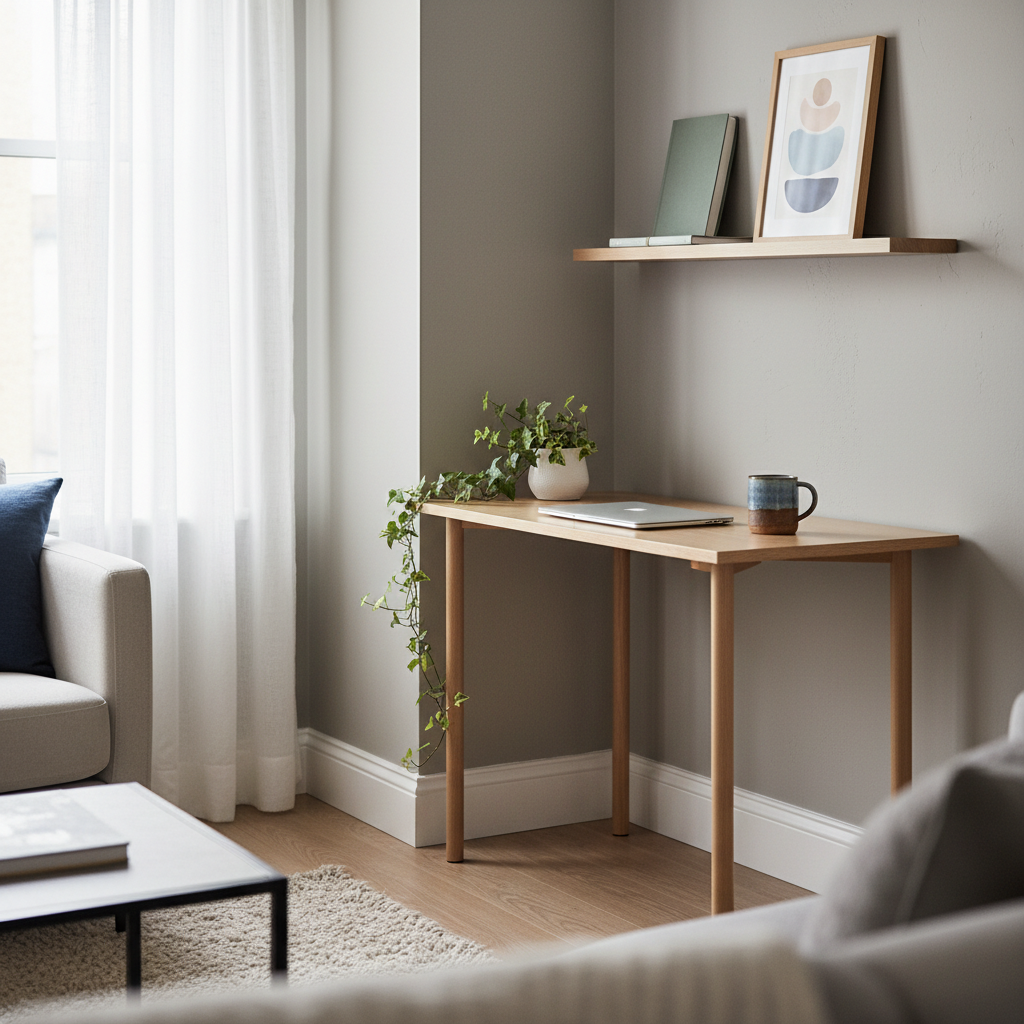A compact, functional home office nook in photographic realism, carved out of a corner of a living room. A slim, light-wood desk with clean lines holds a closed laptop, a ceramic mug, and a small potted plant with trailing vines. Above, a floating shelf displays a few carefully stacked notebooks and a framed abstract print. The adjacent wall is painted a soft, warm gray, contrasting subtly with white trim and baseboards. Natural light from a nearby window, softened by sheer curtains, creates gentle highlights on the desk surface and a soft glow on the wall. Captured at eye level with shallow depth of field, the mood is focused yet relaxed, illustrating how to integrate workspaces seamlessly into everyday home life.