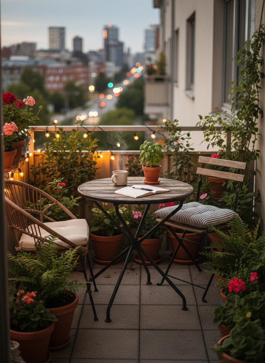 A small, lived-in balcony of an apartment in photographic realism, centered on a simple black metal bistro table with a slightly worn wooden top, showing natural grain and weathering. Two mismatched outdoor chairs with seat cushions surround the table, which holds a steaming mug, an open notebook, and a small potted herb plant. Around the edges of the balcony, terracotta pots overflow with leafy greenery and a few blooming flowers. Early evening light casts a soft golden glow across the space, with the city skyline softly blurred in the background. Captured from a standing eye-level perspective with a moderate depth of field, the atmosphere is serene and private, highlighting how renters can create a personal outdoor retreat at home.