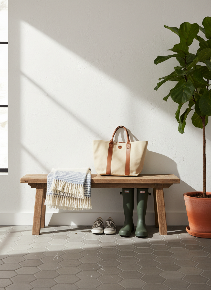 A welcoming entryway in photographic realism, focused on a natural wood bench with a slightly weathered finish, positioned against a soft white wall with subtle texture. On the bench rests a neatly folded woven throw blanket and a simple canvas tote bag. Beneath, a pair of everyday sneakers and rain boots sit on a matte tile floor with faint scuff marks. To the side, a tall plant in a clay pot adds greenery, while a nearby window lets in diffused daylight, casting gentle shadows and a calm glow across the space. Shot at a slightly wide angle with sharp focus throughout, the scene feels organized yet lived-in, capturing the transition between the outside world and home life.
