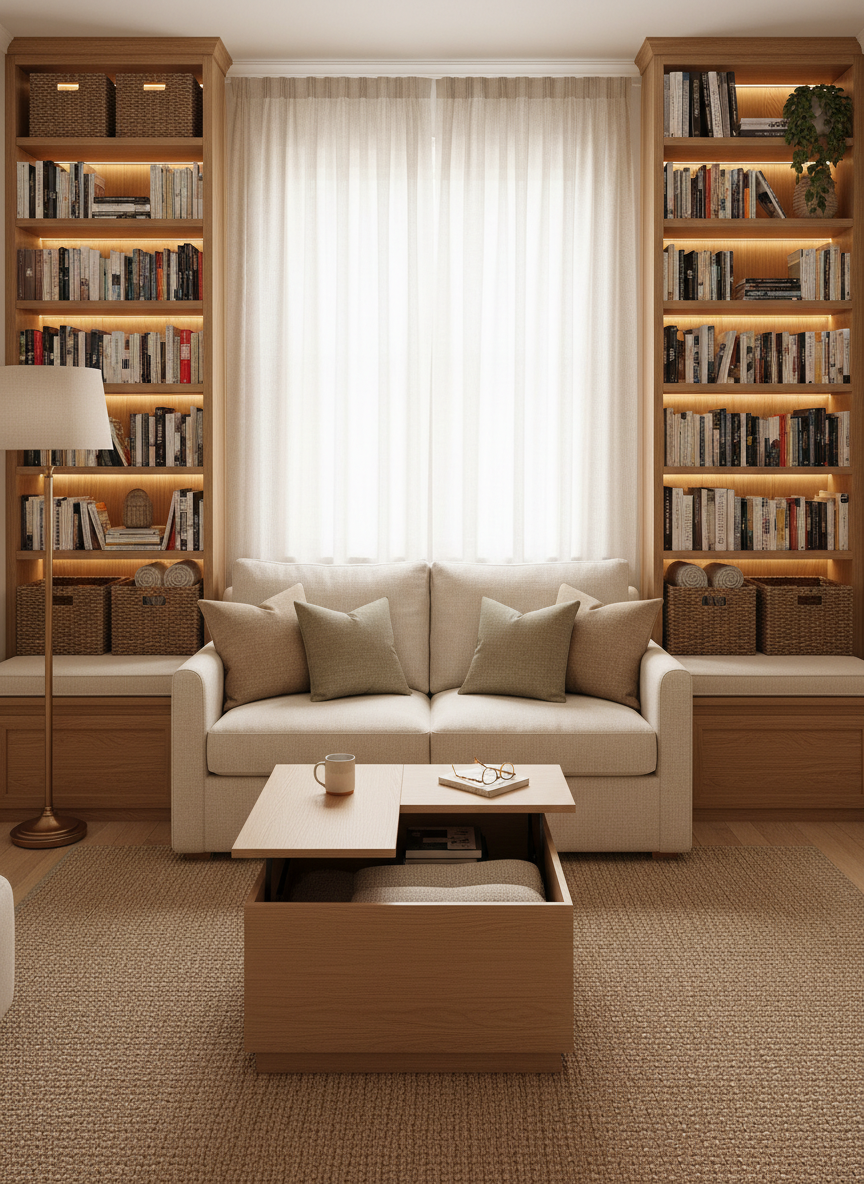 A cosy small living room with clever built-in storage. Warm neutral tones, soft cushions on a compact sofa, shelving with neatly organised books and baskets, a coffee table with hidden storage underneath, soft ambient lighting. Photographed in a real home, not a showroom — lived-in and welcoming.