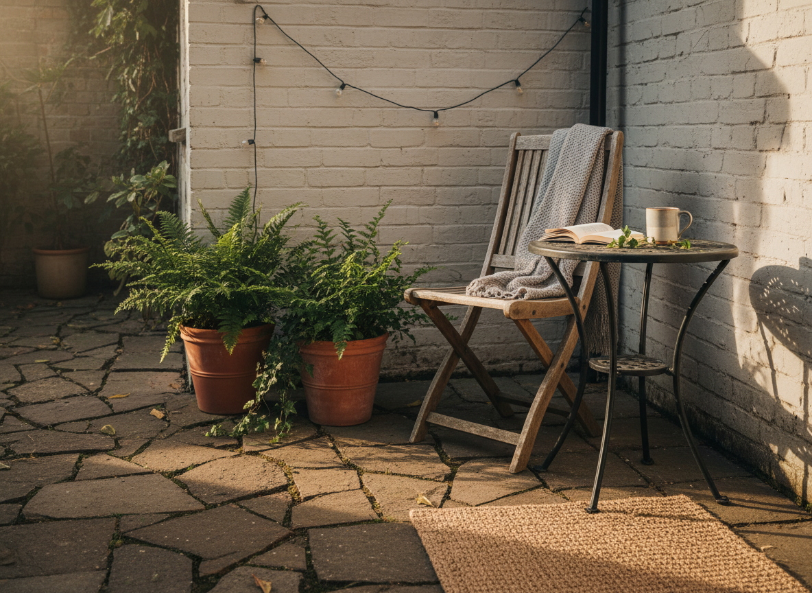 A small, cosy patio or paved outdoor space in photographic realism. Warm afternoon light, a couple of potted plants with greenery, a small bistro table or simple chair. Real and lived-in, not a showroom. Natural materials like stone or simple paving, casual and welcoming atmosphere.