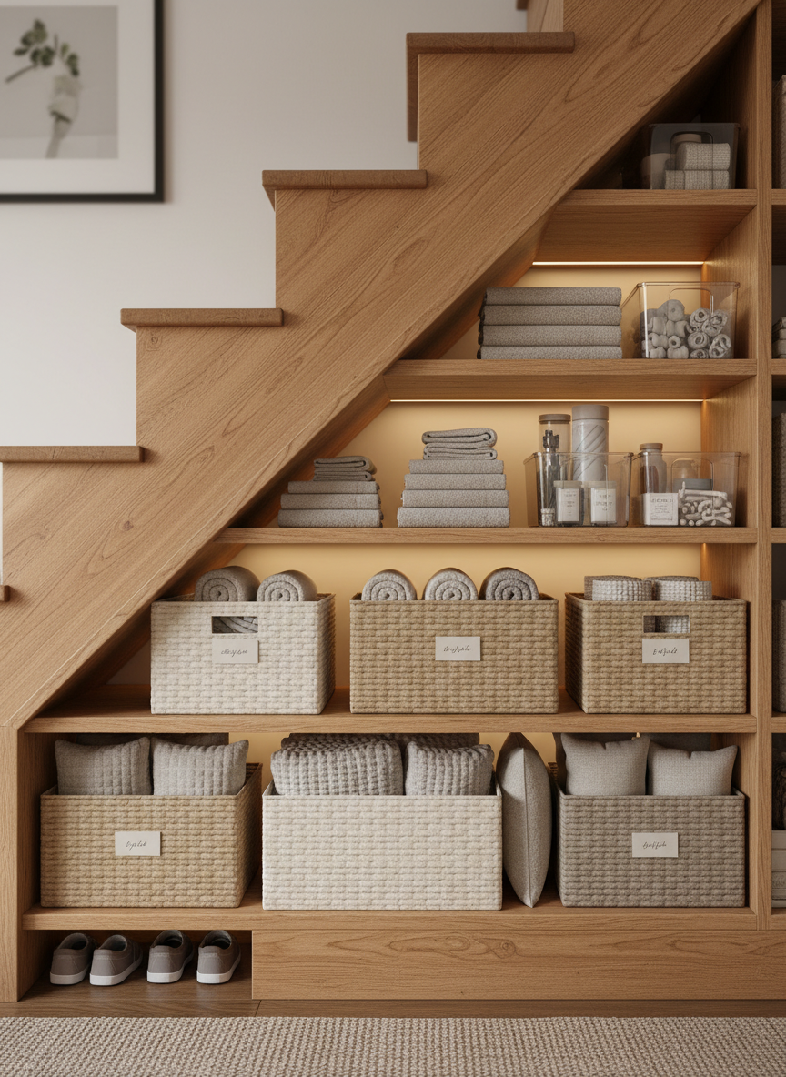 A well-organised understairs storage area in photographic realism, featuring shelves and baskets making clever use of the space. Warm lighting illuminates neatly stacked storage baskets in neutral tones, folded textiles, and organized items. Natural wood shelving with visible grain, subtle wear marks showing real use. Everything is tidy but lived-in, showing a practical home storage solution.
