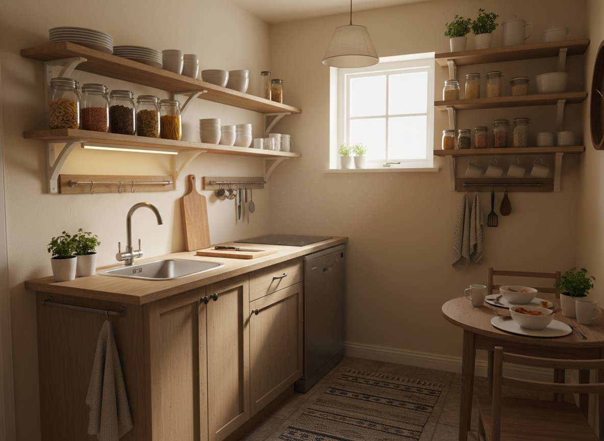 A small, workable kitchen space in photographic realism. Compact and practical design with clever use of wall space. Features open shelving with neatly organized dishes, jars, and kitchen items. Tidy worktops with minimal clutter, showing real functionality. Warm ambient lighting creates a lived-in, welcoming atmosphere. Natural light from a small window. Real home, not a showroom. Shows authentic, everyday kitchen life with good organization and practical solutions for small spaces.