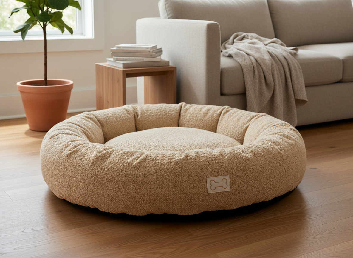 A plush round dog bed in warm oatmeal bouclé fabric styled in a home interior beside a linen sofa