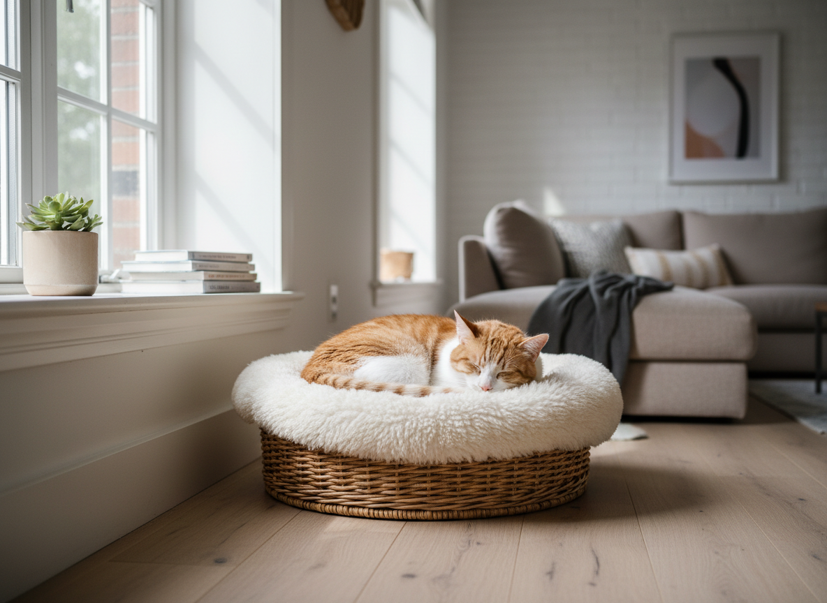 A wicker cat basket with cream sheepskin cushion and a relaxed cat curled inside, styled beside a sunlit windowsill