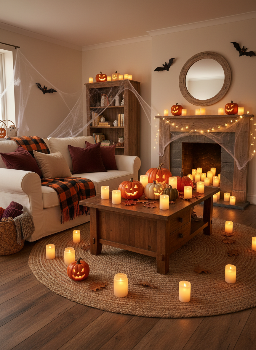 A cosy Halloween living room styled with warm LED candles, pumpkins, plaid throws, and soft autumn accents — a safe and beautiful seasonal look for the whole family.