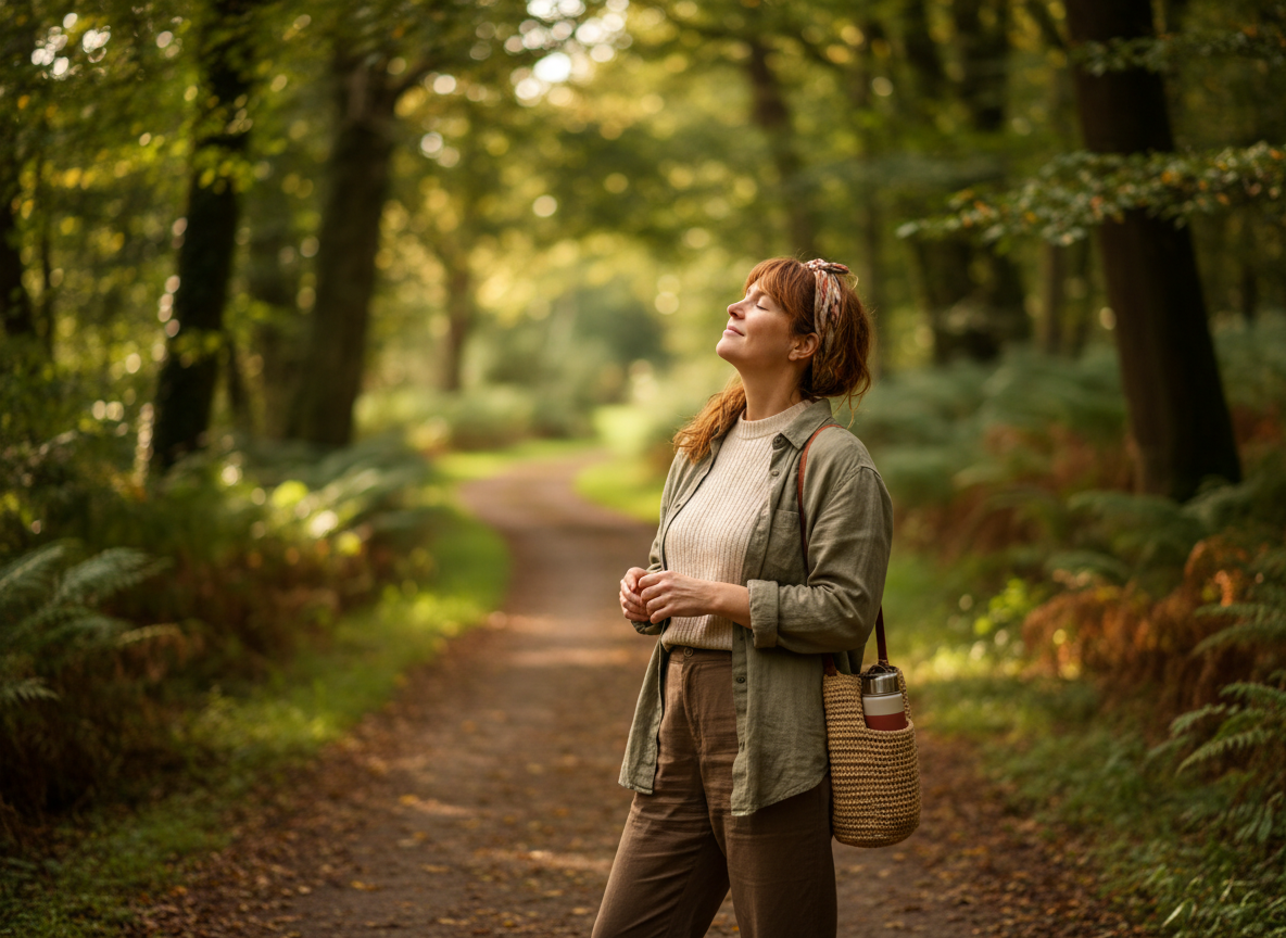 Woman taking a peaceful break while walking in nature